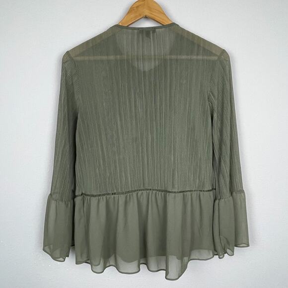 Express Green Crinkle Bell Sleeve Peplum Top Size S Y2K Forest Fairy Boho - Picture 4 of 6